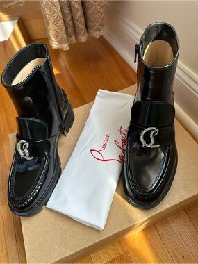 Christian Louboutin Black Patent Leather Ankle Boots with Crystal CC Buckle